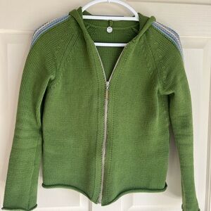 Margaret O’Leary Green Zip-Up Hooded Knit Sweater with Shoulder Stripes